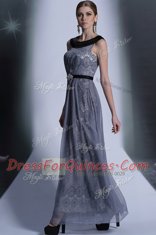 Edgy Scoop Belt Homecoming Dress Grey Side Zipper Sleeveless Floor Length