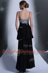 Sequins Floor Length Black Prom Evening Gown Spaghetti Straps Sleeveless Side Zipper