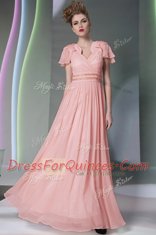 Chiffon Cap Sleeves Floor Length Evening Dress and Beading and Ruching
