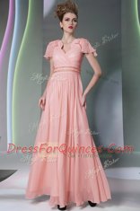 Chiffon Cap Sleeves Floor Length Evening Dress and Beading and Ruching
