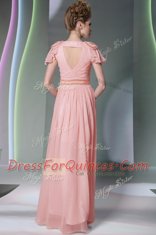 Chiffon Cap Sleeves Floor Length Evening Dress and Beading and Ruching