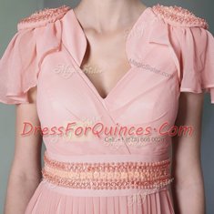 Chiffon Cap Sleeves Floor Length Evening Dress and Beading and Ruching