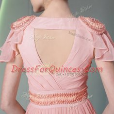 Chiffon Cap Sleeves Floor Length Evening Dress and Beading and Ruching
