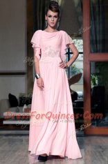 Pink Bateau Side Zipper Beading and Ruching Prom Evening Gown Cap Sleeves