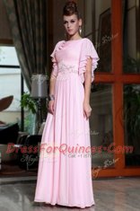 Pink Bateau Side Zipper Beading and Ruching Prom Evening Gown Cap Sleeves