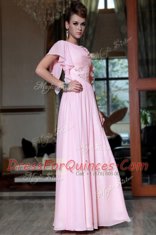 Pink Bateau Side Zipper Beading and Ruching Prom Evening Gown Cap Sleeves