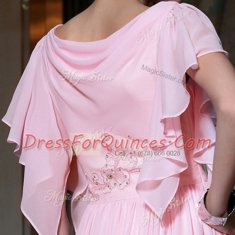 Pink Bateau Side Zipper Beading and Ruching Prom Evening Gown Cap Sleeves