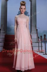 Floor Length Baby Pink Dress for Prom Chiffon Cap Sleeves Beading