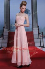Floor Length Baby Pink Dress for Prom Chiffon Cap Sleeves Beading
