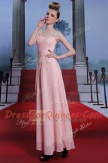 Floor Length Baby Pink Dress for Prom Chiffon Cap Sleeves Beading