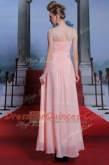 Floor Length Baby Pink Dress for Prom Chiffon Cap Sleeves Beading