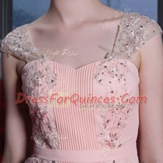 Floor Length Baby Pink Dress for Prom Chiffon Cap Sleeves Beading