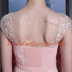 Floor Length Baby Pink Dress for Prom Chiffon Cap Sleeves Beading