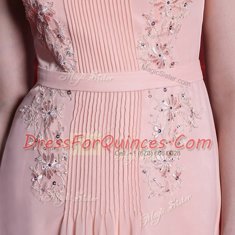 Floor Length Baby Pink Dress for Prom Chiffon Cap Sleeves Beading