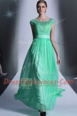 Scoop Floor Length Side Zipper Prom Evening Gown Turquoise for Prom and Party with Beading