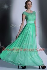 Scoop Floor Length Side Zipper Prom Evening Gown Turquoise for Prom and Party with Beading