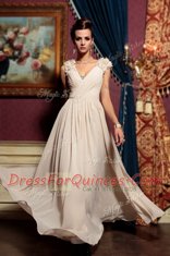 Edgy Empire Dress for Prom Champagne V-neck Chiffon Cap Sleeves Floor Length Side Zipper
