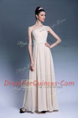 One Shoulder Sleeveless Chiffon Floor Length Side Zipper Prom Evening Gown in Champagne with Beading and Ruching