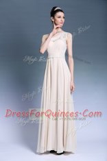 One Shoulder Sleeveless Chiffon Floor Length Side Zipper Prom Evening Gown in Champagne with Beading and Ruching