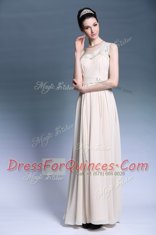 One Shoulder Sleeveless Chiffon Floor Length Side Zipper Prom Evening Gown in Champagne with Beading and Ruching