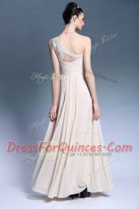 One Shoulder Sleeveless Chiffon Floor Length Side Zipper Prom Evening Gown in Champagne with Beading and Ruching