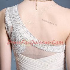 One Shoulder Sleeveless Chiffon Floor Length Side Zipper Prom Evening Gown in Champagne with Beading and Ruching