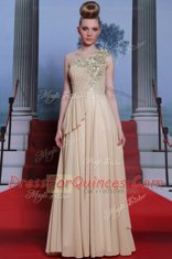 Fancy Floor Length Champagne Prom Gown One Shoulder Sleeveless Side Zipper