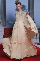 Fancy Floor Length Champagne Prom Gown One Shoulder Sleeveless Side Zipper