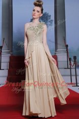 Fancy Floor Length Champagne Prom Gown One Shoulder Sleeveless Side Zipper