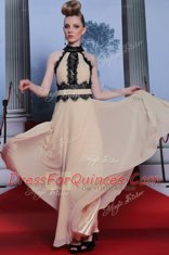 Champagne Column/Sheath Chiffon High-neck Sleeveless Beading Floor Length Criss Cross Prom Dresses
