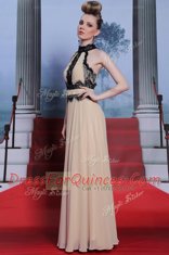 Champagne Column/Sheath Chiffon High-neck Sleeveless Beading Floor Length Criss Cross Prom Dresses