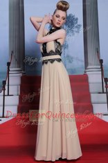 Champagne Column/Sheath Chiffon High-neck Sleeveless Beading Floor Length Criss Cross Prom Dresses
