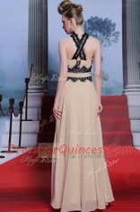 Champagne Column/Sheath Chiffon High-neck Sleeveless Beading Floor Length Criss Cross Prom Dresses
