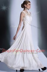 Charming Scoop White Zipper Prom Dresses Beading and Hand Made Flower Sleeveless Floor Length