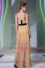 Chiffon Square Sleeveless Zipper Appliques Prom Dresses in Peach