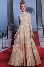 Custom Design Sleeveless Chiffon Floor Length Zipper Homecoming Dress in Peach with Beading and Sequins