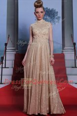 Custom Design Sleeveless Chiffon Floor Length Zipper Homecoming Dress in Peach with Beading and Sequins