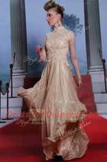 Custom Design Sleeveless Chiffon Floor Length Zipper Homecoming Dress in Peach with Beading and Sequins