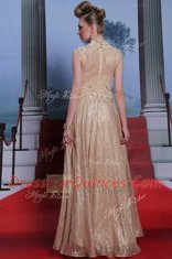 Custom Design Sleeveless Chiffon Floor Length Zipper Homecoming Dress in Peach with Beading and Sequins