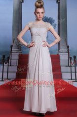 Custom Fit Silver Column/Sheath Bateau Sleeveless Chiffon Floor Length Side Zipper Beading and Lace and Ruching Homecoming Dress