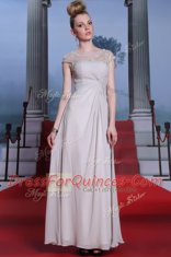 Custom Fit Silver Column/Sheath Bateau Sleeveless Chiffon Floor Length Side Zipper Beading and Lace and Ruching Homecoming Dress