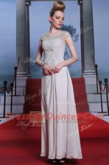 Custom Fit Silver Column/Sheath Bateau Sleeveless Chiffon Floor Length Side Zipper Beading and Lace and Ruching Homecoming Dress