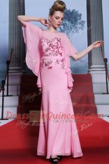 Scoop Half Sleeves Floor Length Beading Zipper Prom Evening Gown with Rose Pink