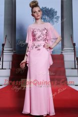 Scoop Half Sleeves Floor Length Beading Zipper Prom Evening Gown with Rose Pink