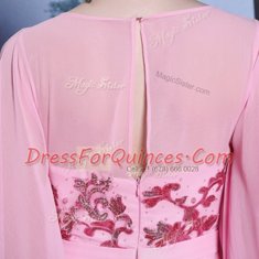 Scoop Half Sleeves Floor Length Beading Zipper Prom Evening Gown with Rose Pink