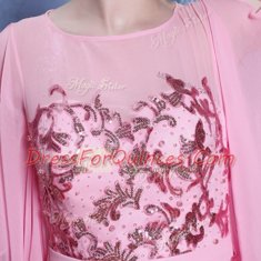 Scoop Half Sleeves Floor Length Beading Zipper Prom Evening Gown with Rose Pink