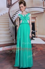 Scoop Cap Sleeves Chiffon Floor Length Side Zipper Evening Dress in Turquoise with Beading