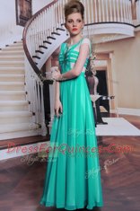 Scoop Cap Sleeves Chiffon Floor Length Side Zipper Evening Dress in Turquoise with Beading