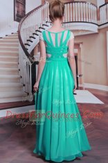 Scoop Cap Sleeves Chiffon Floor Length Side Zipper Evening Dress in Turquoise with Beading