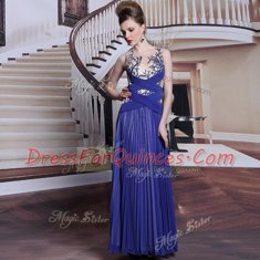 Sequins Pleated Royal Blue Sleeveless Chiffon Zipper Prom Dresses for Prom and Party